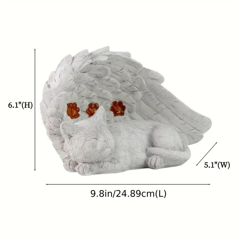 Solar Powered Angel Cat Memorial Sculpture, White Resin Sleeping Kitten