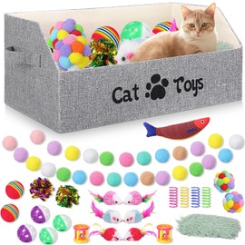 Zopeal 55 Pcs Large Cat Box Toy Set, Storage Basket Pet Bed and Cat Toys, Cat Pillows Fish Colorful Bell Balls Crinkle Balls Spring Plush Mice Attract Cat to Swat Hunt Interactive Cat Kitten Toys