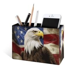 Famame America Flag with Eagle Pencil Holder for Desk, Leather Desktop Container Pen Cup Storage Study Table Pen Organizer Makeup Brush Holder for Classroom Office Home