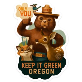 Die Cut Sticker Oregon, Keep It Green, Smokey Bear and Friends, Only You, Vinyl Sticker, (Waterproof Decal for Cars, Water Bottles, Laptops, Coolers), Large