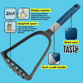 Tasty Plastic 2 in 1 Potato Masher and Spaghetti Spoon, Mashed Potato Tool and Spaghetti Server Made of 2H Material, Dishwasher Safe, Dimensions: 19x11cm, Colours: Cool Dark Blue and Grey