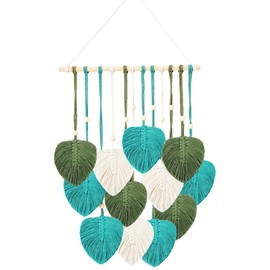IcosaMro Bohemian Macrame Wall Hanging Green Leaves, Chic Boho Large Feather Tapestry Wall Decor, Handmade Woven Yarn Home Aesthetic Art Deco,17" X 23" (Beige, Green & Peacock Green)