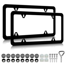 2 Pack Matte Black License Plate Frames - Aluminum Metal License Plate Holder for Men Women Car Tag Frame with Screws Fasteners Caps (4 Holes)