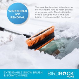 BIRDROCK HOME 60" Extendable Car Snow Brush & Ice Scraper Glove | Lightweight Aluminum Snow Clearing Tool w/Detachable Ice Scraper w/Ergonomic Grip Design | Foam & Bristle Head for Truck Car SUV RV