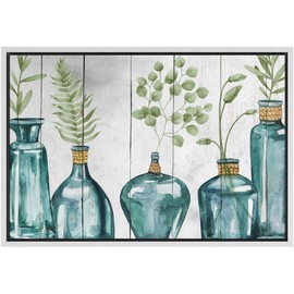 SIGNFORD Framed Canvas Wall Art Eucalyptus Leaves in Blue Glass Vase with Wood Botanical Plants Illustrations Impressionism Contemporary Comic for Living Room, Bedroom, Office - 16x24 inches