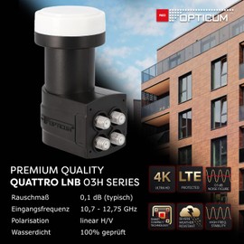 RED OPTICUM 03H Series Quattro LNB: LNB for up to 8 Receivers, Digital HD 4K, Weatherproof with Rain Cover, Compatible with Sat Finder, Compact and Lightweight