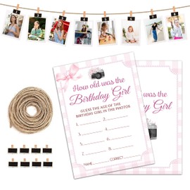 Birthday Party Games, Pink Bow Birthday Photo Games Card, Birthday Sleepover Party Ideas Supplies, Birthday Games For Adults, How Old Was The Birthday Girl Game Cards, 30 Pack -04