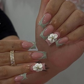MISUD Press on Nails - Long Square Glue on Nails with Green French Tip, Acrylic Flower Design 24 pcs