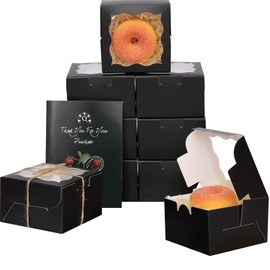 qiqee Black Bakery Boxes with Window 4*4*2.5inch/100Packs Mini Cookie Boxes Macaron boxes Small Donut Pastry Boxes for Party (5 Diferent Gift Include)