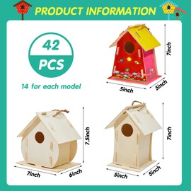 42 Sets DIY Birdhouse Kit to Build and Paint, Include Unfinished Wooden Bird House, Strips and Colorful Painting Pens for Fun Craft Activity Creative DIY Art Project
