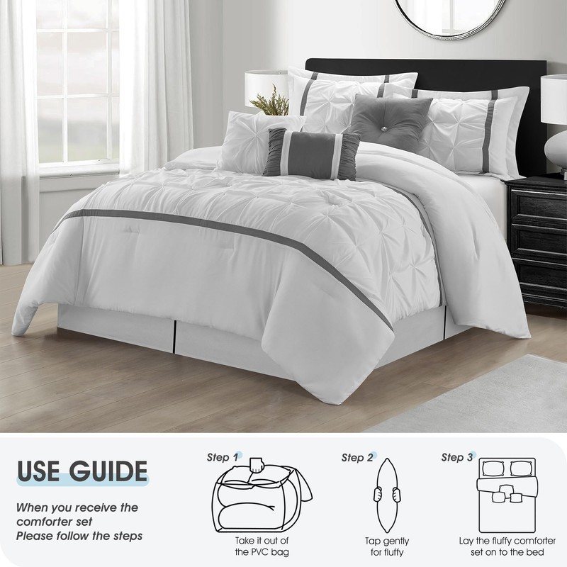 LANCO MODERN LIFESTYLE White Grey Comforter Set, Queen, 7 Piece