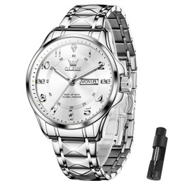 OLEVS Sliver Mens Watches Large White Dial Watches for Men Sliver Stainless Steel Mens Diamond Watches Day Date Watches Men Analog Quartz Watches Waterproof Mens Watches Relojes para Hombre Luxury