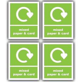 4-Pack - Recycling Bin Sticker Label - Mixed Paper & Card Bin Stickers - 110mm x 90mm Waterproof