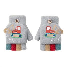 Kids Fingerless Gloves with Mitten Cover Cute Cartoon Convertible Flip Top Gloves Kindergarten Students Winter Warm Knit Cycling Gloves Half Finger Gloves for Boys Girls 3-5 Years (Style 1-Light Grey)