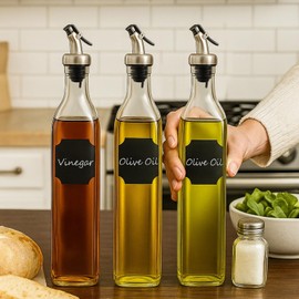 WERTIOO Olive Oil Dispenser Bottle,4Pack 17 OZ Glass Oil Dispenser for Kitchen with 4 Pourer,2 Stainless Steel Funnel & 1 Pen and 8 Label for Kitchen (500ml)