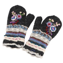 GURU SHOP Wool Gloves with Floral Embroidery, Gloves, Fauster Nepal, Men/Women, Black, Wool, Size: One Size, black