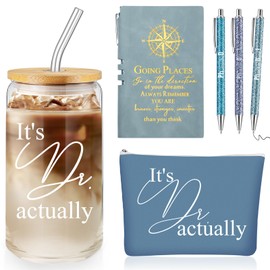 Domensi 6 Pcs It's Dr Actually Gift Set for PhD Doctorate Degree Physician 16oz Glass Tumbler Makeup Bag Journal Ballpoint Pen White Coat Ceremony Valentines Appreciate Gift for Women Men(Blue)