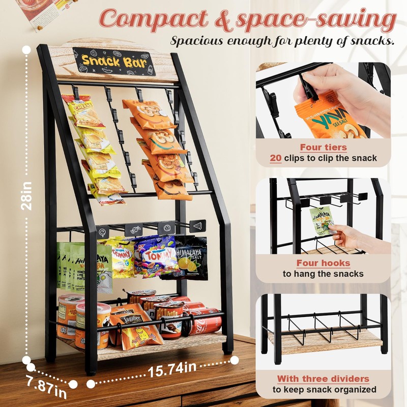 Pinzoveco Chip Rack Display Stand, 4 Tiers 24 Clips Snack