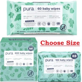 Pura Baby Wipes - 100% Plastic-Free, Plant-Based, 99% Water,  Choose Size - 60 Count (Pack of 1)