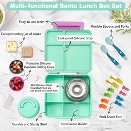 BABHAMNESS Bento Lunch Box with 9.5 oz Soup Thermo, Kids Leakproof 4 Compartments Bento Box with Silicone Cupcake,Fruit Fork,Spoon and Sauce Cup,Insulated Food Jar for School Travel-Green