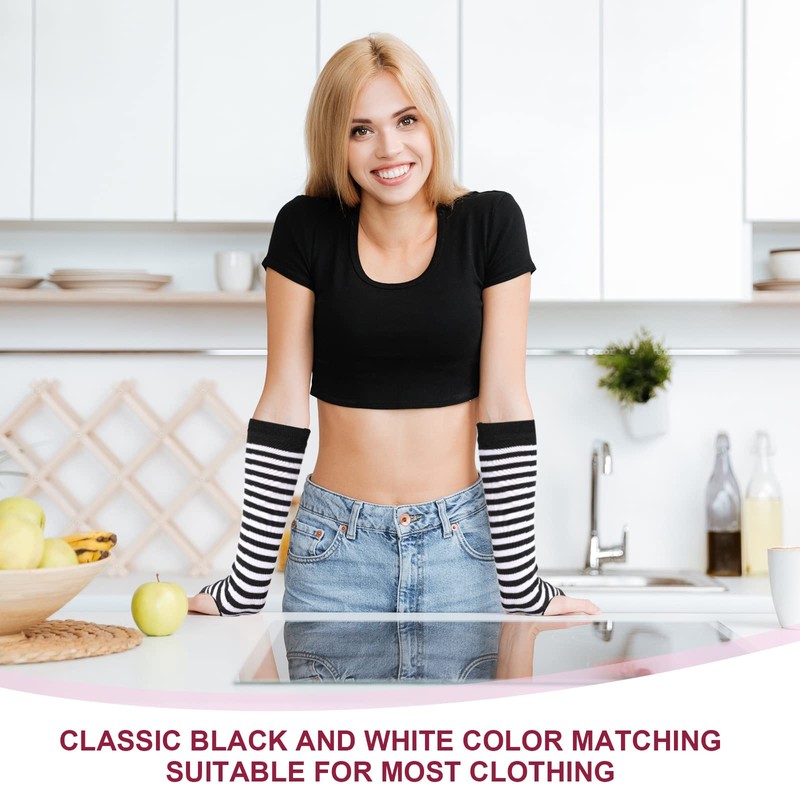 Long Arm Warmers Striped Fingerless Gloves for Women, Black and