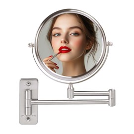 OVENTE 7" Wall Mounted Makeup Mirror with 1X/10X Magnification, Double Sided Magnifying Round Bathroom Vanity Mirror, 360° Swivel Design, Extendable and Folding Arm, Nickel Brushed MNLFW70BR1X10X