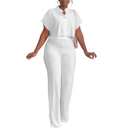 HBQ Women's Summer 2 Piece Outfits Casual Tracksuit Short Sleeve Button Down Crop Top Wide Leg Long Pant Lounge Sets-S-White