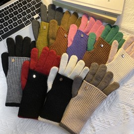 Women's Winter Color-block Thick Warm Windproof Double-layer Long Raglan Knit Gloves Riding Mica Khaki + Double Color-block Gloves 10ea