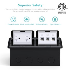WEBANG Dual Pop-Up Floor Box Electrical Kit, 20A Tamper Resistant Duplex Receptacle Outlet, 3-Port RJ45 Datacom Receptacle, Black