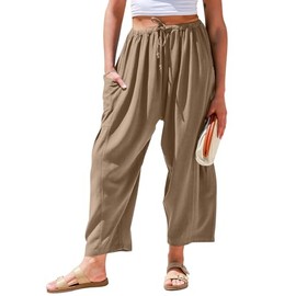 TARSE Womens Linen Pants Casual Wide Leg Loose Drawstring Low Waist Beach Palazzo Harem Pants with Pockets(Coffee,L)