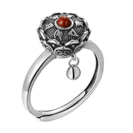JAJAFOOK 925 Silver Rotating Rings Buddhist Tibetan Prayer Wheel Lotus Ring Good Luck Adjustable Ring