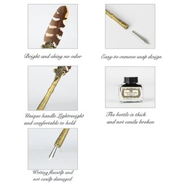 HOHUHU Quill Pen and Ink Set Feather Pen with Ink and 6pcs Nibs Calligraphy Pens for Beginners for Lettering,Drawing, Journaling, Signing, Invitation HO-Q-300