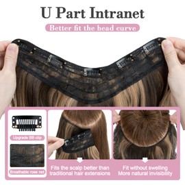 S-noilite One Piece Clip in Hair Extensions Synthetic 18 Inch V-Shaped Highlight Clip on Hair Extensions 3/4 Full Head Natural Wavy Curly Soft Thick Hairpieces for Women,#Dark Brown Mixed Light Blonde