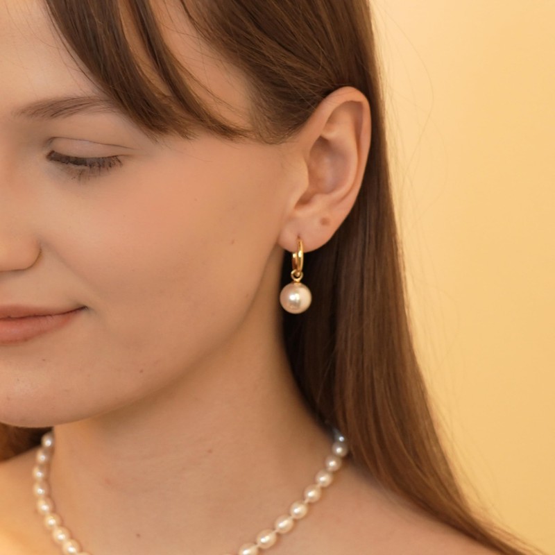 Pearl Hoop Earrings for Women, 18K Gold Plated Huggie Drop
