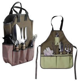 vesaneae Garden Tool Bag and Apron, 38 x 25 x 9 cm Garden Tool Bag with 8 Pockets and Handle, 45 x 55 cm Adjustable Neck Apron with 6 Pockets for Women Men Indoor Outdoor Gardening