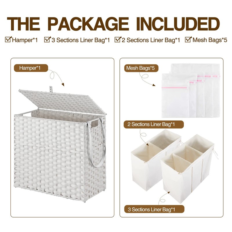 Greenstell Laundry Hamper with Wheels&Lid,130L Large 3 Sections Clothes Hamper