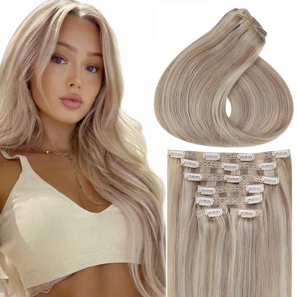 Vivien Blonde Real Hair Clip-In Extensions, 7 Pieces, 130 g, Dark Honey Blonde with Golden Blonde #16/22, Real Hair Clip-In Extensions, Real Hair Strands, 24 Inches / 60 cm Long, Straight Clip-In