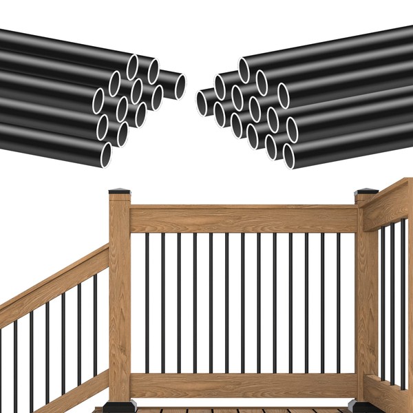 Muzata 25Pack 36" Aluminum Deck Balusters Round Black Deck Railing Stair Porch Staircase Spindles 3/4" Diameter Hollow for Wood and Composite Deck, WT01