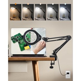 Magnifying Glass with Light, 10X & 5X Real Glass & Anti-Glare Lens, 5 Color Mode Stepless Dimmable LED Desk Magnifying Lamp, Hands-Free Desk Lamp with Clamp for Crafts Reading Repair Hobby (White)