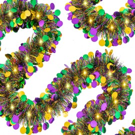 Gloreyan 20FT/6M Mardi Gras Tinsel Garland with LED Lights Metallic Twist Tinsel Garland Battery Operted Lighted Colorful Foil Hanging Garland for Carnival Tree Decoration Party Supply