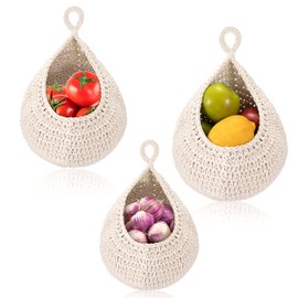 Fruit Basket Hanging Wall for Kitchen, Boho Hanging Basket Fruit Basket Storage Baskets, Handwoven Jute Bag, Vegetable and Fruit Basket, Decorative Hanging Basket for Organisation, White (Pack of 3)