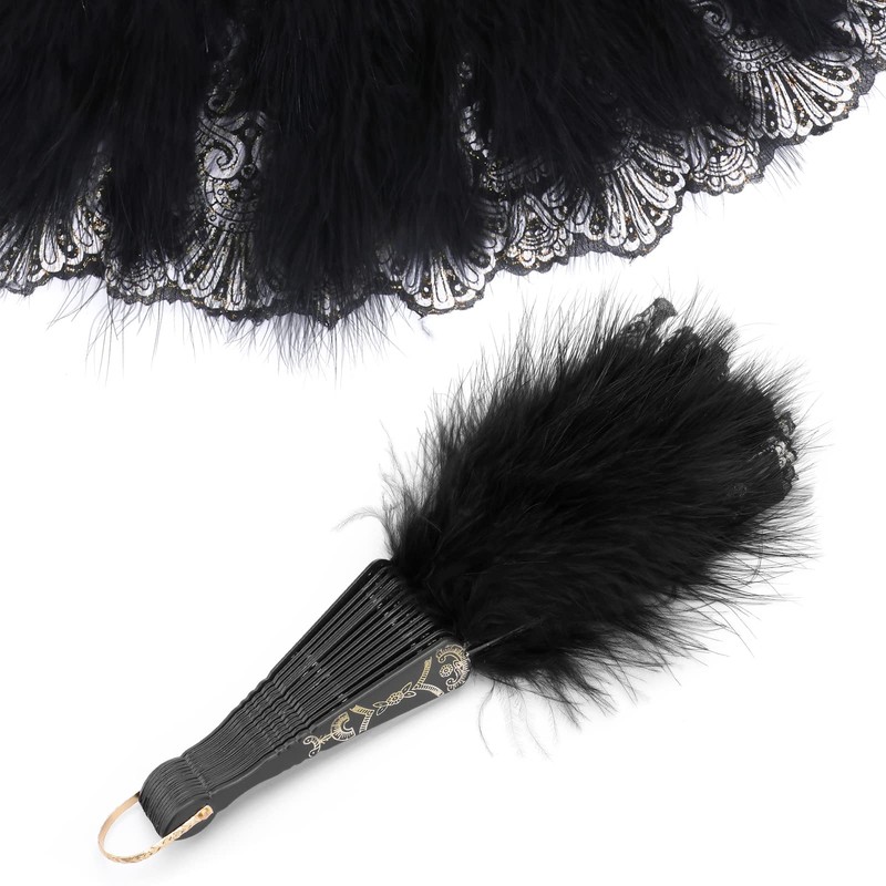 Mwoot Embroidered Flower Marabou Feather Fan, 1920s Vintage Style Folding