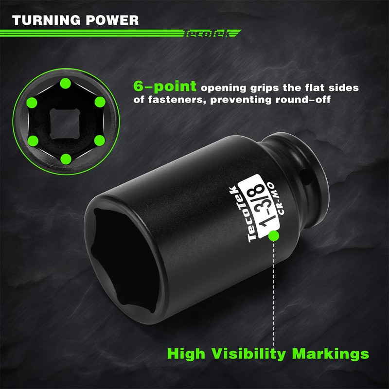 TecoTek 1/2" Drive Deep 6-Point Impact Socket Set, 10-Piece Deep