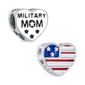 Heart Shape American Patriotic USA Flag Words Military Mom Charm Bead For Women Wife .925 Sterling Silver Fits European Charm Bracelet