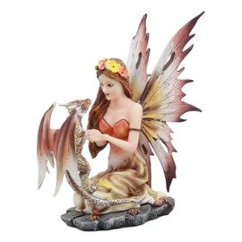 Ebros Beautiful Scarlet Fire Fairy Goddess With Pet Spotted Dragon Figurine Meadows of Fae Garden Collector Sculpture Statue Of Medieval Renaissance Fantasy Legends Dragons And Dungeons