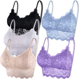 Duufin Pack of 5 Lace Bra Bralette Lace Padded for Women and Girls, 5 Colours, Black, white, beige, light blue, light purple