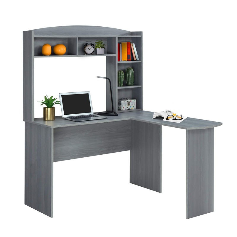 Techni Mobili Modern Hutch L-Shaped Computer Desk, Grey