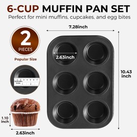 HULBy Muffin Pan 2-Pack, 6-Cup Cupcake Pans and Muffin Tins with Nonstick Coating, 10.43"x7.28"x1.1" with 2.56" Cups, for Muffins, Cupcakes, Brownies, Cheesecake, Carbon Steel, Easy Clean, Oven Safe