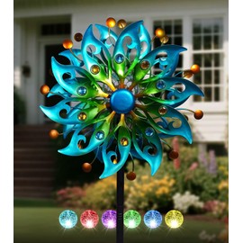 VUFOZ Solar Wind Spinners Outdoor – H63xW13 Metal Kinetic Garden Spinner with Crackle Glass Ball & Built-in Solar Panel – Peacock-Style Yard Wind Sculpture with LED Light