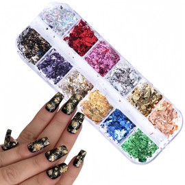 12 Colors Gold Nail Art Sequins Holographic Aluminum Nail Foil Flakes Stickers Nail Sequins Glitter Mermaid Design Nail Flakes Gold Foil Acrylic Nail Art for Women Girl DIY Manicure Decorations